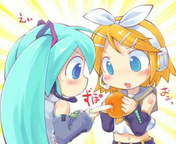 2girls :3 animated animated_gif aqua_eyes aqua_hair bare_shoulders blonde_hair blue_eyes blush bow detached_sleeves food fruit hair_bow hair_ornament hair_ribbon hairclip hairpin hatsune_miku headset holding holding_food holding_fruit kagamine_rin long_hair mandarin_orange midriff multiple_girls navel no_nose object_insertion open_mouth orange_(fruit) ribbon sakurabe_notos sexually_suggestive short_hair spring_onion sweatdrop twintails very_long_hair vocaloid