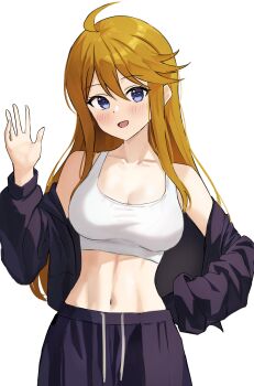 1girl absurdres ahoge black_jacket black_shorts blue_eyes blush breasts brown_hair cleavage collarbone dot_nose eyelashes flipped_bangs floris_(saber13) highres idolmaster idolmaster_million_live! idolmaster_million_live!_theater_days jacket jacket_partially_removed large_breasts linea_alba long_hair looking_at_viewer midriff navel open_clothes open_jacket open_mouth shorts smile solo sports_bra straight_hair swept_bangs tokoro_megumi toned toned_female waving white_background