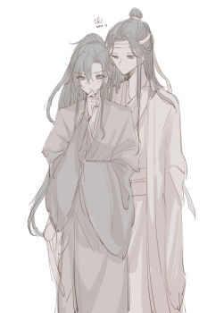 2boys black_hair chinese_clothes closed_mouth commentary_request couple hair_between_eyes hand_on_own_chin hanfu headband height_difference highres lan_wangji long_hair long_sleeves looking_at_another male_focus modao_zushi monochrome multiple_boys nekohashi_ru ponytail robe sash sidelocks simple_background sketch standing thinking topknot wei_wuxian white_background wide_sleeves yaoi