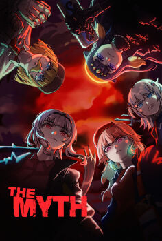5girls bing_huyue blue_eyes blue_hair blue_streaks blunt_bangs commentary diamond_hairband english_commentary fake_facial_hair fake_mustache gawr_gura gradient_hair grey_hair hair_ornament highres hololive hololive_english holomyth long_hair monocle mori_calliope multicolored_hair multiple_girls ninomae_ina'nis orange_hair parody pink_eyes pink_hair pointy_ears purple_hair red_eyes streaked_hair takanashi_kiara tentacle_hair the_boys two_side_up virtual_youtuber watson_amelia
