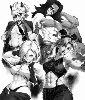 4girls abs biceps breasts character_request commentary copyright_request english_commentary glasses greyscale helltaker highres miss_faves monochrome multiple_girls muscular muscular_female navel simple_background sunglasses white_background