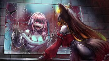 2girls absurdres animal_ears bra breasts brown_hair choker cleavage collar crack crazy crazy_eyes crazy_smile different_reflection dress dual_persona fiery_ears fingerless_gloves gloves gradient_tail harness highres indie_virtual_youtuber jealous large_breasts long_hair long_sleeves minster_(dooke) mirror multicolored_hair multiple_girls open_mouth orange_fire orange_streaks pink_eyes pink_hair reflection sinder_(vtuber) sinder_(sinder_2.0)_(vtuber) skirt smile spiked_belt spikes streaked_hair sweater sweater_dress tail tail_belt tail_strap tashi.mp3_(voice_actor) tight_top two-tone_hair underwear virtual_youtuber voice_actor_connection wolf_ears wolf_girl wolf_tail yandere zipper_skirt