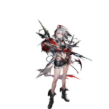 1girl antenna_hair arknights arm_at_side arm_up bare_legs belt black_boots black_shirt black_shorts boots crazy_smile dagger demon_girl demon_horns demon_tail floating_hair full_body holding holding_dagger holding_knife holding_weapon horns jacket knife liduke long_sidelocks long_sleeves looking_at_viewer midriff multicolored_hair navel official_alternate_costume official_art open_clothes open_jacket open_mouth orange_eyes red_hair red_horns red_jacket red_nails shirt short_hair short_hair_with_long_locks short_shorts shorts sidelocks simple_background smile solo standing streaked_hair tachi-e tail teeth thigh_belt thigh_strap third-party_source transparent_background two-tone_hair upper_teeth_only w_(arknights) weapon white_belt white_hair wis&#039;adel_(arknights)