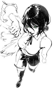 1girl black_thighhighs chainsaw_man collared_shirt green_eyes greyscale hair_between_eyes hair_bun highres imminent_explosion monochrome reze_(chainsaw_man) shirohakune shirt shirt_tucked_in shorts sleeveless sleeveless_shirt solo spot_color standing thighhighs