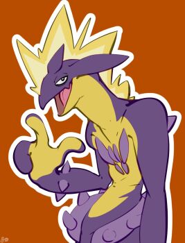 brown_background colored_skin fizzpop gen_8_pokemon highres multicolored_skin nintendo open_mouth outline pokemon pokemon_(creature) purple_skin simple_background solo toxtricity toxtricity_(amped) two-tone_skin upper_body white_outline yellow_skin