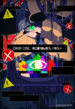 1girl black_hat blouse distortion error_message film_grain frilled_sleeves frills glitch green_eyes green_hair hat hat_ribbon head_rest highres komeiji_koishi mint_onyo ribbon shirt sign static television touhou warning_sign yellow_ribbon yellow_shirt