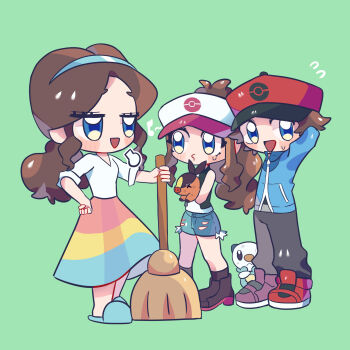 1boy 2girls aqua_slippers arm_behind_head baseball_cap black_shoes black_socks black_vest blue_eyes blue_hairband blue_jacket blue_shorts blush blush_stickers broom brown_hair closed_eyes commentary deformed denim denim_shorts english_commentary eyelashes flying_sweatdrops gen_5_pokemon green_background grey_pants hairband hat highres hilbert_(pokemon) hilda_(pokemon) holding holding_broom holding_pokemon jacket jitome long_hair mother_and_daughter mother_and_son multicolored_skirt multiple_girls musical_note nintendo open_clothes open_mouth open_vest oshawott pants poke_ball_print pokemon pokemon_(creature) pokemon_bw ponytail puff_of_air red_hat red_shoes shirt shoes short_sleeves shorts sidelocks simple_background skirt sleeveless sleeveless_shirt slippers smile socks spoken_musical_note standing sweat sweatdrop tepig torn_clothes torn_shorts unova_mother_(bw) user_vrme3225 vest white_hat white_shirt