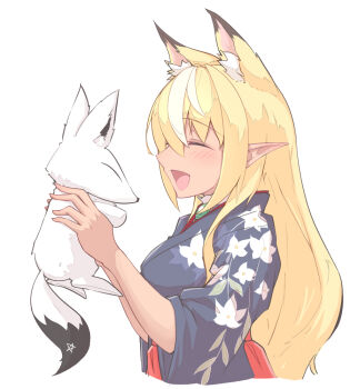 Rule 34 | +++, 1girl, :d, animal, animal ear fluff, animal ears, animalization, blonde hair, blue kimono, blush, breasts, brooch, closed eyes, commentary, dark-skinned female, dark skin, eihire, elf, extra ears, facing another, floral print, floral print kimono, fox ears, from side, furisode sleeves, hakama, hakama skirt, hololive, japanese clothes, jewelry, kemonomimi mode, kimono, long hair, long sidelocks, long sleeves, medium breasts, multicolored hair, official alternate costume, open mouth, pointy ears, print kimono, red hakama, red skirt, shirakami fubuki (fox), shiranui flare, shiranui flare (new year), sidelocks, simple background, skirt, smile, solo, streaked hair, textless version, undershirt, upper body, virtual youtuber, white background