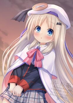 Rule 34 | 1girl, blonde hair, blue eyes, blush, cloak, commentary request, hat, highres, kudpoid (71139), little busters!, little busters! school uniform, long hair, looking at viewer, noumi kudryavka, outdoors, parted lips, school uniform, skirt, sky, solo, twilight
