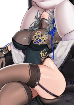 2girls absurdres algerie_(azur_lane) algerie_(meta)_(azur_lane) azur_lane black_dress breasts china_dress chinese_clothes commentary commission couch crossed_legs dress english_commentary erotanuki feather_boa fellatio futa_with_female futanari garter_straps grey_hair head_back head_tilt highres large_breasts long_hair multiple_girls on_couch oral out_of_frame penis pixiv_commission reverse_fellatio saint-louis_(alluring_administrator)_(azur_lane) saint-louis_(azur_lane) see-through_clothes see-through_legwear sheer_gloves sitting thighhighs