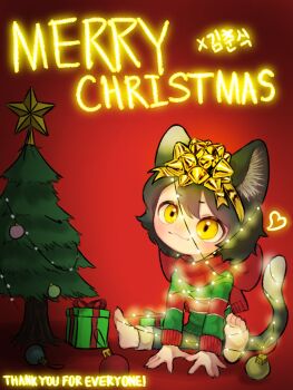 Rule 34 | 1girl, :3, animal ear fluff, animal ears, artist name, barefoot, black hair, cat ears, cat girl, cat tail, christmas, christmas ornaments, christmas sweater, christmas tree, commentary, deformed, dungeon meshi, english commentary, gold ribbon, heart, highres, izutsumi, kimchunsik, merry christmas, red scarf, scarf, short hair, simple background, smile, solo, tail, white background, yellow eyes