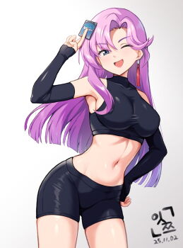 1girl ;d alcmls1230 arm_up armpits bare_shoulders bike_shorts black_shirt black_sleeves blue_eyes blunt_ends breasts card cardfight!!_vanguard cardfight!!_vanguard_divinez commentary covered_collarbone cowboy_shot crop_top dated detached_sleeves earrings groin hair_between_eyes hand_on_own_hip holding holding_card inabe_nao jewelry large_breasts long_hair looking_at_viewer midriff navel one_eye_closed open_mouth parted_bangs purple_hair shirt sidelocks signature simple_background single_earring skindentation sleeves_past_wrists smile solo standing swept_bangs tassel tassel_earrings taut_clothes taut_shirt trading_card variant_set white_background