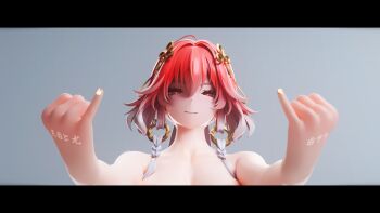 1girl 3d 3d_background absurdres ahoge blender_(medium) blender_(object) blurry bow braid breasts changli_(wuthering_waves) collarbone completely_nude depth_of_field facing_viewer gesture grey_background hair_extensions half-closed_eyes highres jewelry large_breasts nude pink_hair realkansen ring signature smile smirk smug solo twin_braids wuthering_waves yellow_eyes