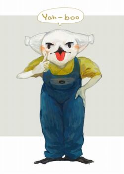 1girl akanbe bird_girl blue_overalls commentary_request eyelid_pull feathers full_body furry furry_female grey_background hand_on_own_hip nagabe original overalls shirt simple_background solo tongue tongue_out twintails white_feathers yellow_shirt
