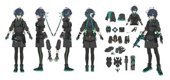 1boy absurdres ahoge alternate_costume ammunition_pouch aqua_headband arm_tattoo belt_pouch black_boots black_gloves black_hair black_leggings boots braid buckle closed_mouth cropped_arms cropped_jacket crossed_bangs earrings expressionless from_behind full_body genshin_impact geo_symbol_(genshin_impact) gloves grappling_hook green_eyes green_headband grey_jacket grey_shorts gun handgun headband headset highres holding holding_gun holding_weapon holster hood hooded_jacket hook hoyofair jacket jewelry kinich_(genshin_impact) knife_sheath leggings load_bearing_equipment magazine_(weapon) multiple_views neck_tattoo pda pouch reference_sheet seallllion sheath short_hair short_sleeves shorts side_braid simple_background snap-fit_buckle spiked_ear_piercing standing straight-on submachine_gun tactical_clothes tattoo turnaround vertical_foregrip walkie-talkie watch weapon weapon_request white_background wristwatch zipper zipper_pull_tab