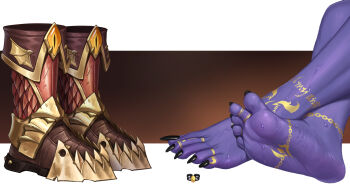 Rule 34 | 1girl, barefoot, black nails, boots, brown footwear, close-up, colored skin, feet, fingernails, foot focus, gradient background, highres, jewelry, liang mu, long toenails, nail polish, purple skin, soles, sweat, tattoo, toe ring, toenail polish, toenails, toes, unworn boots