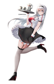 1girl absurdres alternate_costume apron azur_lane black_garter_straps black_gloves black_shoes black_skirt blue_eyes breasts coffee_pot commission cross cross_earrings earrings framed_breasts from_side full_body garter_straps gloves high_heels highres holding holding_tray irkawaza jewelry large_breasts layered_skirt leg_up long_hair looking_at_viewer maid_headdress mainz_(azur_lane) shoes skirt solo thighhighs tray two-tone_skirt white_apron white_hair white_skirt white_thighhighs wrist_cuffs zettai_ryouiki