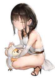 1girl absurdres aged_down armpit_crease baby_animal backless_outfit bare_shoulders belt bird black_sandals breasts brown_hair chick clothes_lift commentary_request detached_sleeves feet halterneck high_heels highres lifting_own_clothes looking_at_viewer medium_hair no_panties no_socks original pelvic_curtain pelvic_curtain_lift sandals sidelocks simple_background small_breasts solo squatting sweat tabard tabard_lift thighs toes waymay white_background white_eyes