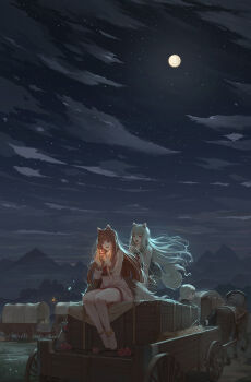 1boy 2girls absurdres animal_ears anklet apple artist_request barefoot box brown_hair cart cloud cloudy_sky commentary_request craft_lawrence dress fang food fruit full_moon harness highres holo horse jacket jewelry long_hair moon mother_and_daughter multiple_girls myuri_(spice_and_wolf) night night_sky on_box open_mouth outdoors pouch red_eyes silver_hair sitting sitting_on_box sky smile sparks spice_and_wolf tail very_long_hair wagon wheat wolf_and_parchment wolf_ears wolf_girl wolf_tail