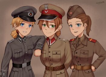 3girls arm_on_another's_shoulder arms_behind_back artist_name belt black_belt blonde_hair blue_eyes blush brown_belt brown_hair brown_hat brown_jacket brown_necktie brown_shirt collar_tabs commentary czechoslovak_army garrison_cap green_eyes grey_background grey_hat grey_jacket grin grzegorz1996 hair_between_eyes hands_on_own_hips hat highres jacket long_sleeves looking_at_viewer military military_uniform multiple_girls nationale_volksarmee necktie original peaked_cap polish_army ponytail shirt shoulder_boards simple_background smile soldier upper_body