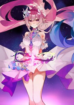 1girl aqua_hair bare_shoulders breasts commentary_request cyrene_(honkai:_star_rail) cyrene_(ripples_of_past_reverie)_(honkai:_star_rail) diamond-shaped_pupils diamond_(shape) dress flower futabababa_28 hair_flower hair_ornament highres honkai:_star_rail honkai_(series) large_breasts long_hair looking_at_viewer multicolored_hair pink_hair pointy_ears purple_eyes sky solo star_(sky) starry_sky symbol-shaped_pupils thighs two-tone_hair very_long_hair white_dress