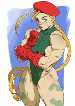 1girl beret blonde_hair blue_eyes bodypaint braid breasts cammy_white capcom covered_erect_nipples female_focus fingerless_gloves gloves hat highleg highleg_leotard leotard lips long_hair looking_at_viewer medium_breasts muscular muscular_female pokkuti scar scar_on_face solo street_fighter thick_thighs thighs twin_braids twintails very_long_hair wide_hips
