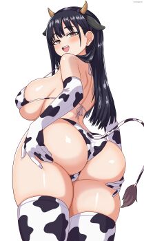 absurdres animal_ears animal_print ass ass_support back bikini black_hair blush boku_no_kokoro_no_yabai_yatsu breasts brown_eyes commentary_request covered_erect_nipples cow cow_ears cow_horns cow_print cow_print_bikini cow_print_gloves cow_print_thighhighs cow_tail eclyart elbow_gloves gloves highres horns large_breasts long_hair looking_at_viewer open_mouth print_bikini print_gloves print_thighhighs seductive_smile sidelocks smile standing swimsuit tail thighhighs thighs white_background white_bikini white_gloves white_thighhighs wide_hips yamada_anna