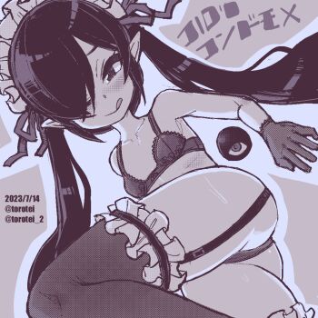 1girl :q artist_name ass backbeako_(torotei) backbeard blush bra closed_mouth collarbone commentary_request dated female_focus fishnet_thighhighs fishnets garter_straps gegege_no_kitarou gloves hair_over_one_eye hair_ribbon half-closed_eye kono_lolicon_domome loli long_hair looking_at_viewer lying monochrome naughty_face on_back one_eye_closed original paid_reward_available panties pointy_ears ribbon simple_background solo thighhighs tongue tongue_out torotei translated twintails twitter_username underwear