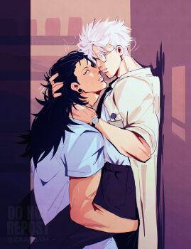 2boys after_kiss alternate_costume black_hair blue_eyes caught ear_piercing getou_suguru gojou_satoru highres jujutsu_kaisen long_hair male_focus multiple_boys piercing plug_(piercing) round_eyewear saliva saliva_trail short_hair twitter_username watch watermark white_hair wristwatch yaoi zaabjam