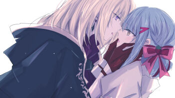 2girls 55ddee aver_(yumenokessho) bang_dream! bang_dream!_it&#039;s_mygo!!!!! black_cape blonde_hair blue_hair blush bow bowtie cape doloris_(bang_dream!) earrings gloves hair_bow hands_on_another&#039;s_face jewelry light_particles medium_hair misumi_uika multiple_girls pink_bow pink_bowtie purple_eyes red_gloves saliva saliva_trail shirt simple_background sweets_paradise togawa_sakiko tongue tongue_out white_background white_shirt yellow_eyes yumenokessho yuri