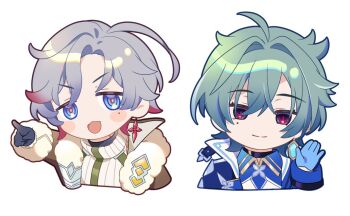 Rule 34 | 2boys, arm up, black choker, black gloves, black shirt, blue eyes, blue gloves, blush stickers, brown jacket, choker, closed mouth, coat, collared shirt, commentary request, cropped torso, double-parted bangs, fur-trimmed jacket, fur-trimmed sleeves, fur trim, genshin impact, gloves, green hair, grey hair, hair between eyes, illuga (genshin impact), jacket, krmnnoodle, lohen (genshin impact), long sleeves, male focus, mole, mole under eye, multicolored eyes, multiple boys, parted hair, pointing, shirt, short hair, simple background, smile, turtleneck, upper body, white background, white fur, white shirt, wing collar