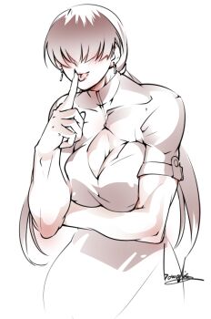 1girl blush bowalia breast_press breasts cleavage cleavage_cutout clothing_cutout dress earrings female_focus finger grabbing_own_breast hand_up jewelry jiggle large_breasts licking licking_lips long_hair nipples pale_skin ponytail seductive_smile shermie_(kof) smile the_king_of_fighters thighs tongue tongue_out twintails