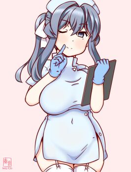 1girl alternate_breast_size_(larger) alternate_costume artist_logo blue_dress blue_eyes blue_hair blush breasts clipboard commentary_request cowboy_shot dated dress garter_straps gotland_(kancolle) gradient_background hair_between_eyes hair_bun kanon_(kurogane_knights) kantai_collection large_breasts logo long_hair looking_at_viewer mole mole_under_eye nurse one-hour_drawing_challenge one_eye_closed pink_background short_dress short_sleeves smile solo thighhighs white_thighhighs