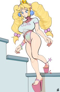 1girl bare_legs bimbo_peach blonde_hair blue_eyes borrowed_design bracelet collar covered_navel crown fishnets gradient_clothes gradient_leotard highleg highres jewelry leotard long_hair low-tied_long_hair mario_(series) milkmountain multicolored_leotard nintendo parted_lips pink_nails platform_clogs platform_footwear platform_heels princess_peach print_shirt shadow shirt short_sleeves sidelocks signature solo spiked_collar spikes stairs star_(symbol) twintails very_long_hair white_background white_shirt