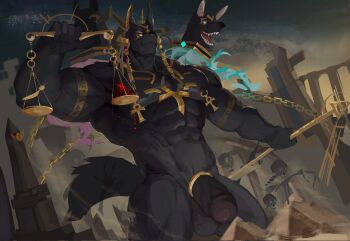 1boy abs animal_ears anuberus_(xxl) bara chinese_commentary closed_mouth commentary_request fangs flaccid flaming_head floating_head furry furry_male great_pyramid_of_giza highres holding holding_scale holding_staff jackal_boy jackal_ears jackal_tail male_focus multiple_heads muscular muscular_male navel nipple_piercing nipples nude obelisk open_mouth pectorals penis piercing pyramid pyramid_(structure) sand skeleton staff testicles textless_version vvan xxl_woofia