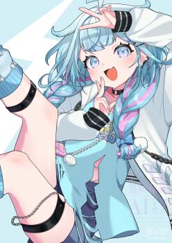 1girl ahoge black_choker blue_eyes blue_hair blue_shirt braid choker hair_flaps hair_ornament highres hololive hololive_dev_is jacket lightning_ahoge long_hair looking_at_viewer mameragi mizumiya_su multicolored_hair o-ring o-ring_choker open_mouth pink_hair shirt smile solo streaked_hair twin_braids virtual_youtuber