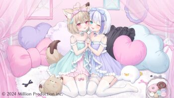 2girls ahoge animal_ears babydoll blonde_hair blue_eyes curtains donut dress food fox_ears fox_tail frilled_dress frills full_body garter_straps heart heart_ahoge highres kneeling macaron multicolored_hair multiple_girls no_shoes off_shoulder one_eye_closed pillow pink_eyes shano_hiyori socks streaked_hair tail tiered_tray white_hair white_socks