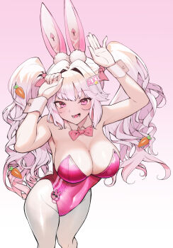 1girl :d alice_(nikke) alice_(wonderland_bunny)_(nikke) animal_ears arms_up bare_shoulders blush bow bowtie breasts carrot_hair_ornament cleavage collarbone covered_navel detached_collar fake_animal_ears fake_tail food-themed_hair_ornament from_above fujitwo goddess_of_victory:_nikke hair_between_eyes hair_intakes hair_ornament highres large_breasts leotard long_hair olo open_mouth pantyhose pink_bow pink_bowtie pink_eyes pink_hair pink_leotard playboy_bunny rabbit_ears rabbit_pose rabbit_tail sidelocks smile strapless strapless_leotard tail twintails white_pantyhose