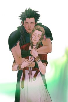 1boy 1girl aerith_gainsborough armor bangle black_gloves black_hair bracelet brown_hair closed_eyes closed_mouth couple crisis_core:_final_fantasy_vii dress drill_hair drill_sidelocks facial_scar feet_out_of_frame final_fantasy final_fantasy_vii final_fantasy_vii_remake gloves hair_ribbon height_difference hetero highres hug hug_from_behind jacket jewelry lifestream lips open_clothes open_jacket parted_bangs pink_dress pink_ribbon red_jacket ribbon scar scar_on_cheek scar_on_face shoulder_armor sidelocks sleeveless sleeveless_turtleneck smile spiked_hair sweater sylvthea turtleneck turtleneck_sweater zack_fair