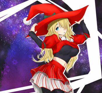 1girl alternate_eyebrows arms_up black_shirt blonde_hair blue_eyes bow breasts christmas commentary_request cropped_shirt feet_out_of_frame green_bow hair_over_one_eye hat hat_bow holding holding_unworn_clothes holding_unworn_hat large_breasts light_blush long_bangs long_hair long_sleeves looking_at_viewer marye_spearhead midriff mismatched_eyebrows navel open_mouth pantyhose puffy_short_sleeves puffy_sleeves purple_background red_hat red_skirt shin_(highest1192) shirt short_sleeves skirt snowflakes solo sozaiyamimi star_(sky) star_(symbol) starry_sky_background stomach toaru_majutsu_no_index toaru_majutsu_no_index:_endymion_no_kiseki unworn_hat unworn_headwear witch witch_hat