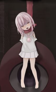 1girl absurdres asphyxiation bad_end barefoot blush bound choking cum defeat diamond_chan dying full_body hanged hanging highres legs loli magical_girl monster neck_grab open_mouth pink_hair restrained ryona sailor_collar sailor_shirt saliva shaking shirt size_difference skirt strangling tears tentacles tied_up torture trembling veins