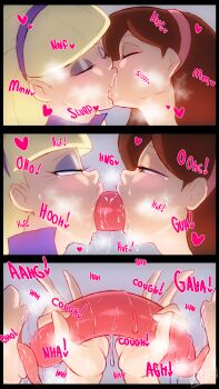 2girls absurdres bad_id bad_pixiv_id banjabu blonde_hair blush brown_eyes brown_hair closed_eyes cooperative_fellatio deepthroat deepthroat_kiss dildo dildo_kiss dildo_reveal double_dildo double_dildo_deepthroat fellatio gravity_falls green_eyes half-closed_eyes highres kiss mabel_pines makeup multiple_girls open_mouth oral pacifica_northwest saliva sex_toy shared_object_insertion simulated_fellatio squinting teamwork_(sexual) teeth tongue tongue_out upper_teeth_only yuri