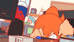 &gt;_&lt; 1girl :t animated backpack bag blush_stickers bookshelf bottle brown_eyes chair constricted_pupils controller desk drinking female_focus focused game_controller hood hood_down hoodie indoors interior looping_animation monitor motion_blur office_chair open_mouth orange_hair original plastic_bottle playing_games ponytail shelf soda soda_bottle solo stuffed_animal stuffed_shark stuffed_toy swivel_chair takarai_shunsuke talking teddy_bear teeth unworn_backpack unworn_bag video yellow_hoodie