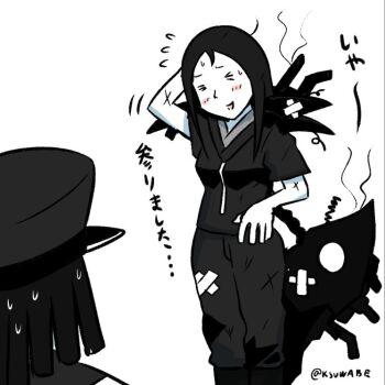 Rule 34 | > <, 10s, 1boy, 1girl, abyssal admiral (kancolle), admiral (kancolle), admiral suwabe, arm behind head, bandaid, bandaid on leg, black hair, black pants, black shirt, closed eyes, comic, commentary request, damaged, dreadlocks, hat, k-suwabe, kantai collection, long hair, monochrome, open mouth, pants, parted bangs, rigging, ru-class battleship, shirt, short hair, short sleeves, smile, spot color, sweatdrop, translated, twitter username, white background