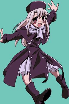 Rule 34 | 1girl, :d, aqua background, blush, blush stickers, boots, coat, fate/stay night, fate (series), full body, fur hat, grey hair, hat, illyasviel von einzbern, long hair, long sleeves, moyosan, nose blush, open mouth, outstretched arms, papakha, pink eyes, purple boots, purple coat, purple hat, scarf, skirt, smile, solo, spread arms, white scarf, white skirt