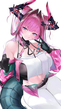 Rule 34 | 1girl, absurdres, arknights, arknights: endfield, bare shoulders, black gloves, blue eyes, blue hair, breasts, commentary request, detached sleeves, dragon girl, dragon horns, dragon tail, gloves, highres, horns, large breasts, long hair, midriff, multicolored hair, pants, pink hair, smile, solo, tail, v, white pants, xmou, yvonne (arknights)