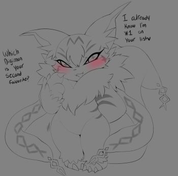 blush cat digimon digimon_(creature) fluffy heavymetalpapi looking_at_viewer meicoomon multiple_tails symbol-shaped_pupils tail