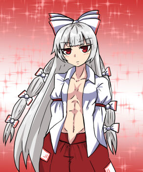 1girl abs bow center_opening collarbone commentary expressionless fujiwara_no_mokou gradient_background hair_bow hands_in_pockets highres long_hair looking_at_viewer navel no_bra pants red_eyes red_pants shirt solo table_(msn-00100hyak-shiki) touhou white_hair white_shirt