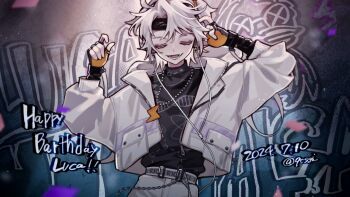 1boy 9csgi belt black_gloves black_shirt character_name closed_eyes colored_eyelashes dated fang fingerless_gloves gloves hand_on_headphones happy_birthday headband headphones highres identity_v jacket jewelry luca_balsa luca_balsa_(rice) male_focus official_alternate_costume open_mouth orange_gloves pendant print_belt protected_link shirt skin_fang solo turtleneck twitter_username two-tone_gloves upper_body white_eyelashes white_hair white_jacket