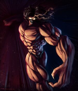 1boy @_(symbol) absurdres artist_name caveman commentary crazy crazy_grin english_commentary fangs fingernails grappler_baki grin highres incoming_attack incoming_punch loincloth long_hair male_focus mihael_milanovic muscular no_pupils open_mouth pickle_(grappler_baki) punching sharp_fingernails sharp_teeth smile solo teeth topless_male white_loincloth yellow_eyes
